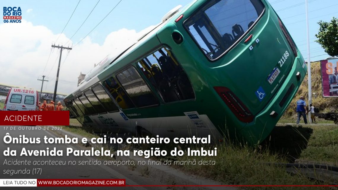 Ônibus tomba e cai no canteiro central da Avenida Paralela, na região do Imbui