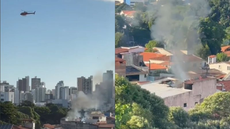 Incêndio atinge casa no Stiep neste domingo; helicópteros dos bombeiros sobrevoam local