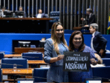 Autora do PL 896/2023, senadora Ana Paula Lobato (PSB-MA) posa para foto com cartaz que diz: "Pela criminalização da misoginia"
