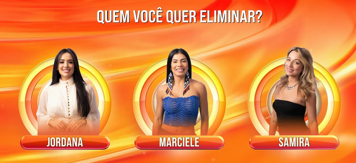 Paredão BBB 26: Jordana, Marciele e Samira estão na berlinda. Veja quem votou em quem neste domingo (5) e como votar agora.