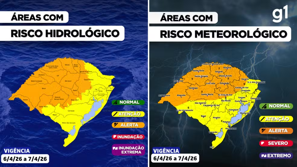 RS sob alerta de ciclone extratropical com ventos de 100km/h e risco de inundação. Confira a previsão para terça (07).