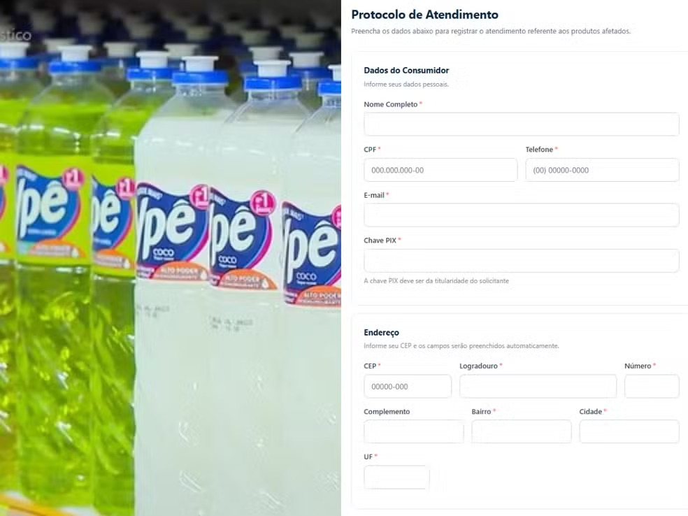 A marca Ypê pede a chave PIX de compradores para fazer o reembolso de detergentes retidos pela Anvisa nesta sexta (15).