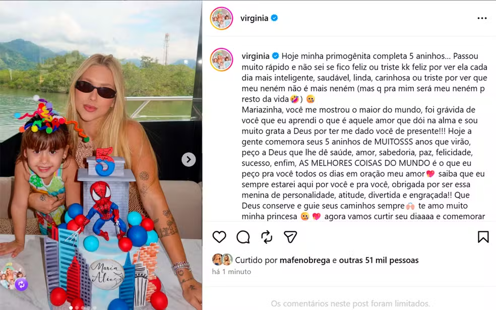 Veja a declaração de Virginia para o aniversário de cinco anos da filha Maria Alice. Confira as homenagens.