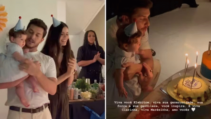 Klebber Toledo celebra 40 anos em festa discreta com Camila Queiroz e a filha Clara de 6 meses