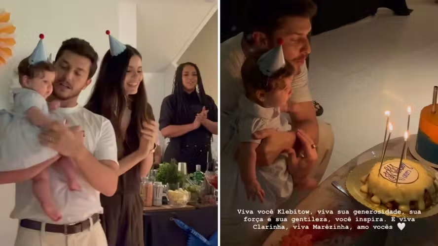 Klebber Toledo celebra 40 anos em festa discreta com Camila Queiroz e a filha Clara de 6 meses