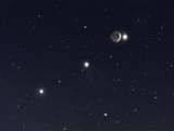 Representação visual da Lua crescente próxima de Vênus, com Júpiter ao meio e Mercúrio logo abaixo – imagem semelhante ao que poderá ser visto esta noite no céu. - Crédito: Imagem gerada por IA/Gemini