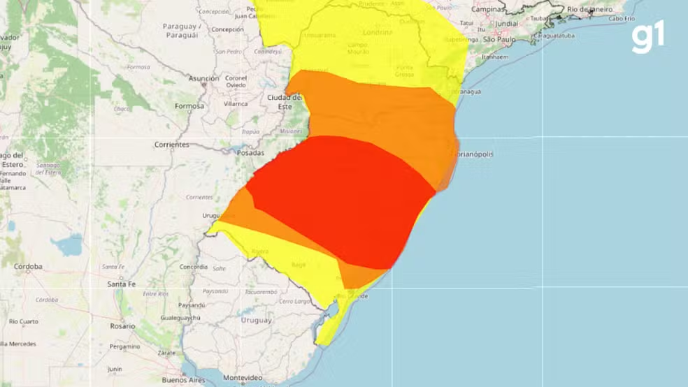 Inmet publica aviso de grande perigo para tempestades e ventos de 100 km/h no RS