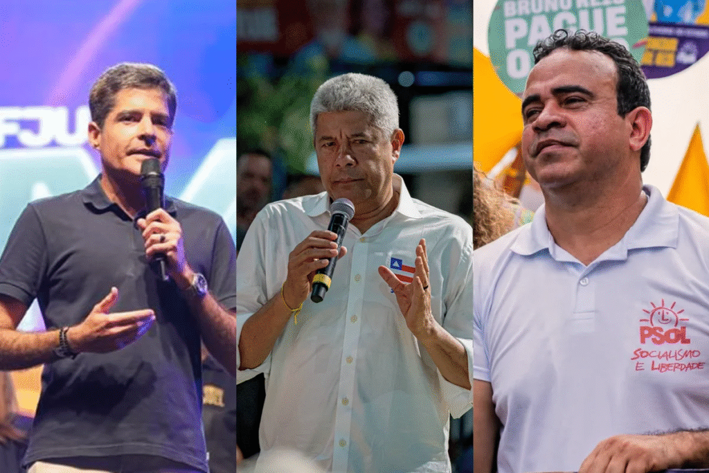 Candidatos ao Governo do Estado nas Eleições 2026: ACM Neto (União Brasil), Jerônimo Rodrigues (PT) e Ronaldo Mansur (PSOL) - Foto: Divulgação