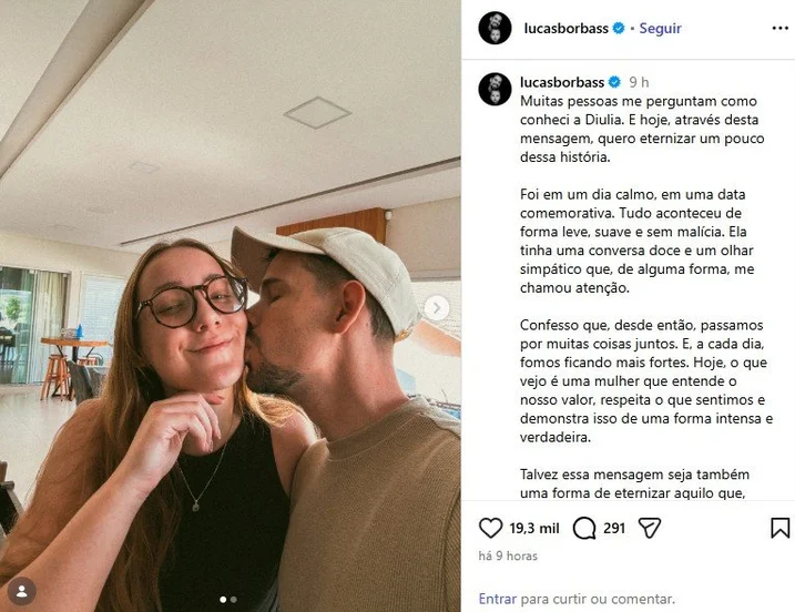 Lucas Borbas relembra início de namoro e faz declaração apaixonada para noiva